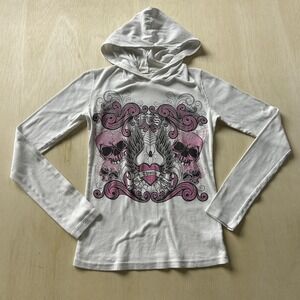 Y2K Full Throttle Saloon Shirt Womens Small White Skull Graphic Hooded Biker Top